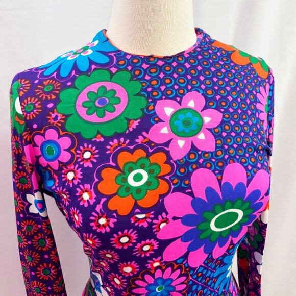 Vintage purple retro flower power groovy long sleeve dress - fits like a Medium - Picture 3 of 5